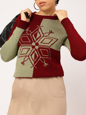 Dressberry Self Design Round Neck Casual Women Maroon, Green Sweater