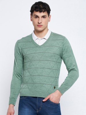 DUKE Self Design V Neck Casual Men Light Green Sweater