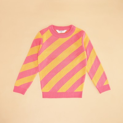 Pantaloons Junior Printed Round Neck Casual Girls Pink Sweater