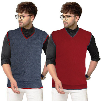Shunit creation Self Design V Neck Formal Men Grey, Red Sweater