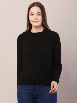 Nobarr Solid Round Neck Casual Women Black Sweater