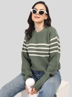 CHKOKKO Striped Round Neck Casual Women Green Sweater