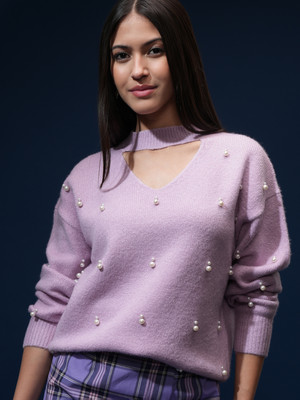 Tokyo Talkies Self Design High Neck Casual Women Pink Sweater