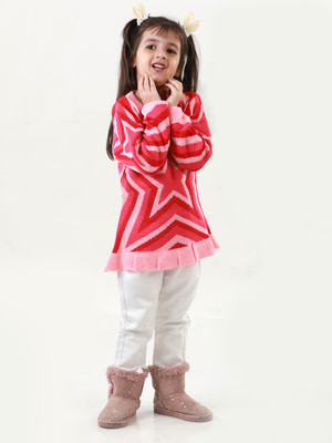 Knitco Solid Round Neck Casual Girls Pink Sweater