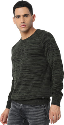 Spykar Woven Round Neck Casual Men Green Sweater
