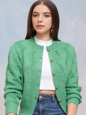 Tokyo Talkies Self Design Round Neck Casual Women Green Sweater