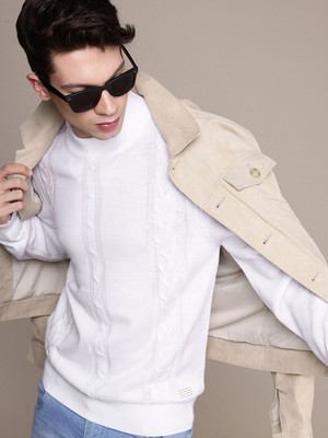 WROGN Self Design Round Neck Casual Men White Sweater