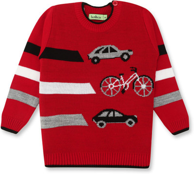 Knitco Printed Round Neck Casual Baby Boys & Baby Girls Red Sweater