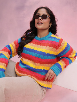 DressBerry Curve Colorblock, Self Design Round Neck Casual Women Blue Sweater