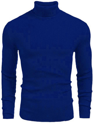 CAVDIA Striped Men High Neck Blue T-Shirt