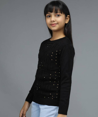 SwellSwag Embellished Round Neck Casual Girls Black Sweater