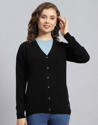 MONTE CARLO Solid V Neck Casual Women Black Sweater