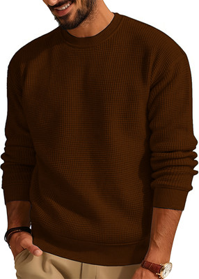 TYSORT Solid Round Neck Casual Men Brown Sweater