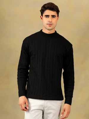 KVETOO Self Design High Neck Casual Men Black Sweater