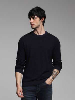JACK & JONES Printed Round Neck Casual Men Dark Blue Sweater