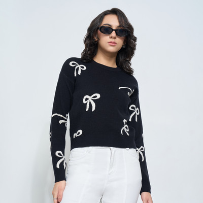 SF Jeans by Pantaloons Floral Print Round Neck Casual Women Black Sweater