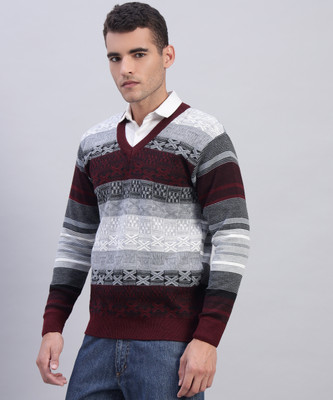 MORKEL Geometric Print V Neck Casual Men Maroon Sweater