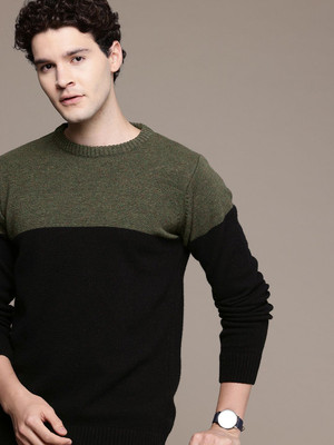 French Connection Colorblock Round Neck Casual Men Green Sweater