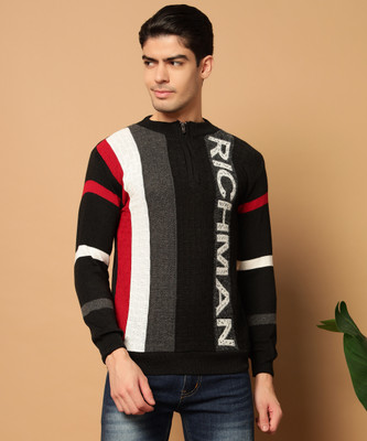 HELL BOUND Self Design Round Neck Casual Men Black Sweater