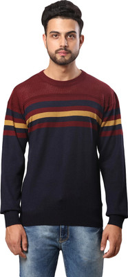 Raymond Self Design Round Neck Casual Men Blue Sweater