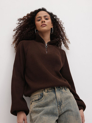 Roadster Solid V Neck Casual Women Brown Sweater