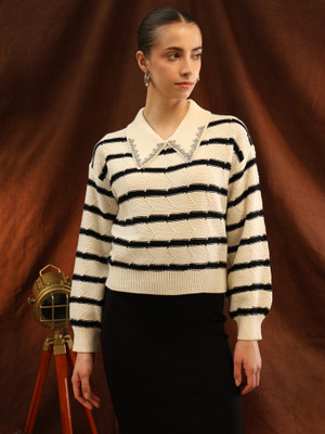 KAZO Striped Collared Neck Party Women White Sweater