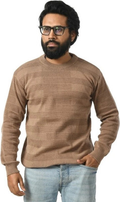 Life and style Self Design Round Neck Casual Men Beige Sweater