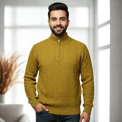 WoolCraft Self Design Collared Neck Casual Men Gold Sweater