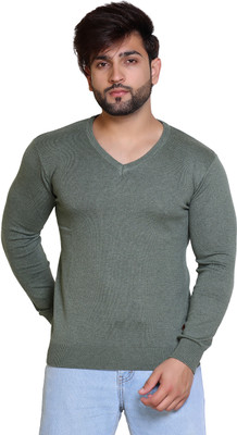 Reveller Solid V Neck Casual Men Green Sweater