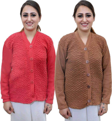 Shunit creation Self Design V Neck Lounge Wear Women Brown, Red Sweater