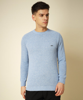 HELL BOUND Solid Round Neck Casual Men Light Blue Sweater