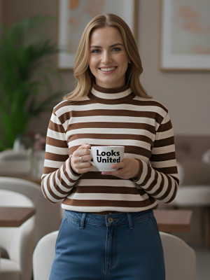 Looks United Striped, Self Design High Neck Casual Women Brown Sweater