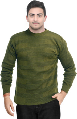 Life and style Self Design Round Neck Casual Men Green Sweater