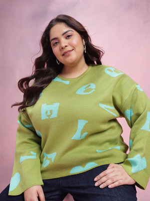 DressBerry Curve Self Design Round Neck Casual Women Green Sweater