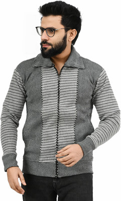 Life and style Self Design Collared Neck Casual Men Grey Sweater