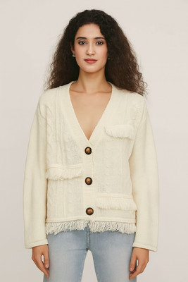 Nobarr Solid V Neck Casual Women White Sweater