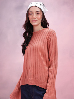 Dressberry Striped Round Neck Casual Women Orange Sweater