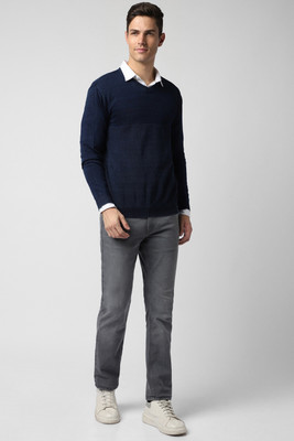 PETER ENGLAND Self Design V Neck Casual Men Blue Sweater