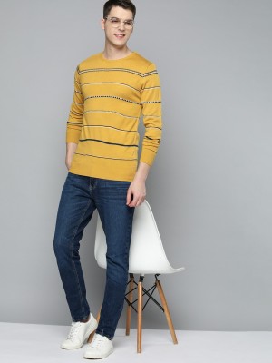 Mast & Harbour Striped Round Neck Casual Men Yellow Sweater