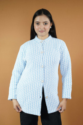 CreativePanther Self Design Mandarin Neck Casual Women Blue, White Sweater