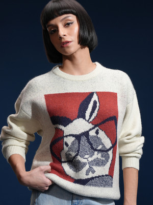 Tokyo Talkies Printed Round Neck Casual Women White Sweater