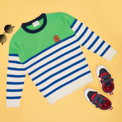 Pantaloons Junior Striped Round Neck Casual Boys Dark Green Sweater