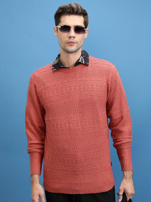 HIGHLANDER Self Design Round Neck Casual Men Pink Sweater