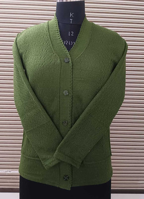 HouseOfCommon Solid V Neck Casual Women Dark Green Sweater