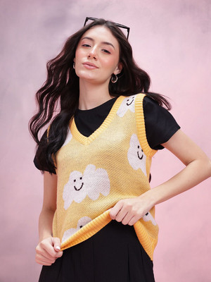 Dressberry Self Design V Neck Casual Women Yellow Sweater