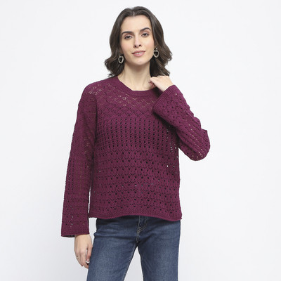 MADAME Self Design Round Neck Casual Women Purple Sweater