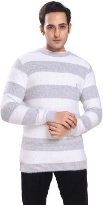 WOOLVALLEY Striped Round Neck Casual Men White, Grey Sweater