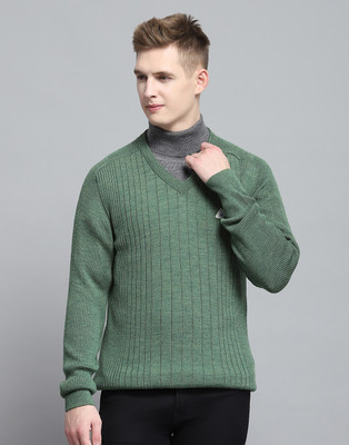 MONTE CARLO Self Design V Neck Casual Men Green Sweater