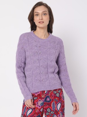 VERO MODA Self Design Round Neck Casual Women Purple Sweater