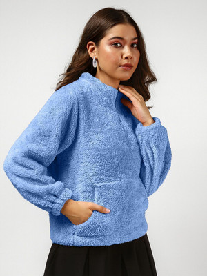THE DRY STATE Self Design High Neck Casual Women Blue Sweater